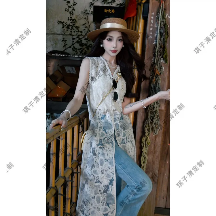 “花蕊”镂空蕾丝无袖罩衫提花连衣裙2506