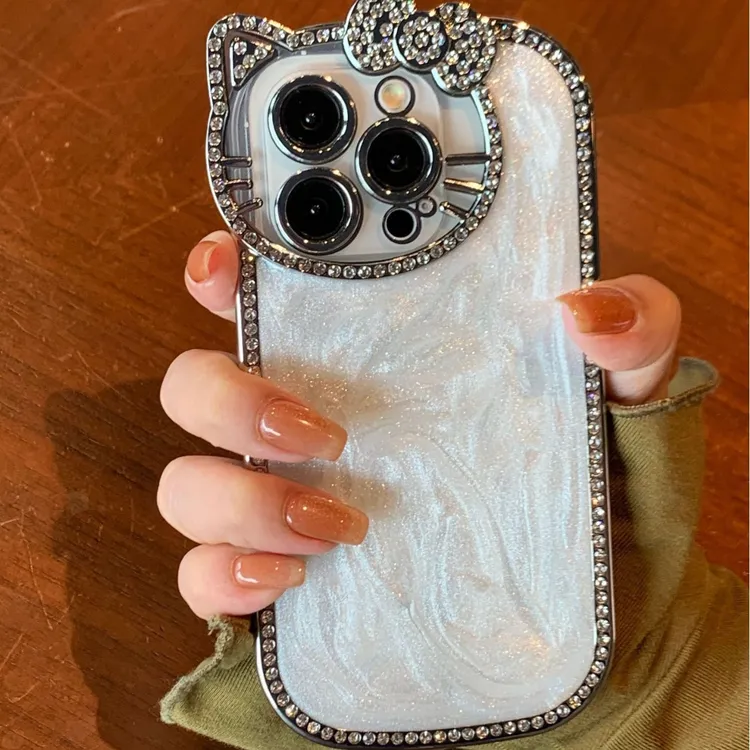 滴胶水钻全包手机壳iPhone16防摔电镀猫咪头羽纱软TPU潮流新款