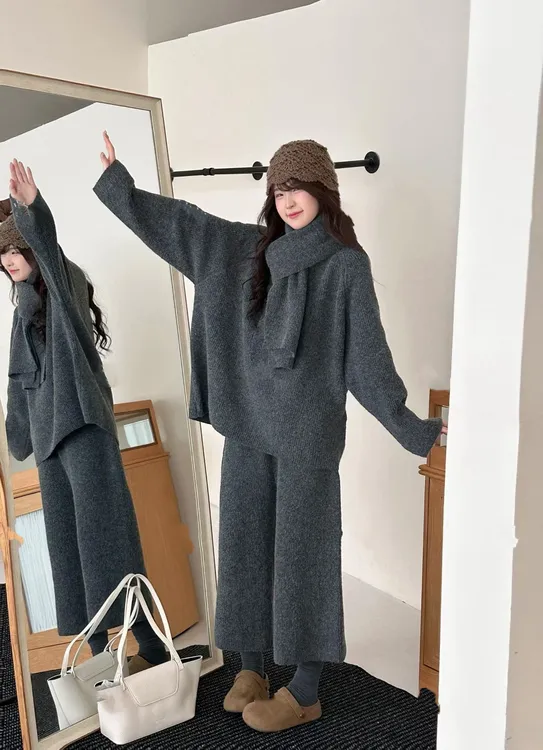 慵懒风宽松长袖针织毛衣时尚套装百搭休闲裤围巾三件套秋冬新款