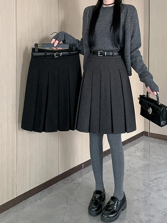 灰色毛呢复古百褶半身裙女秋冬2025新款高腰a字五分中裙西装裙子