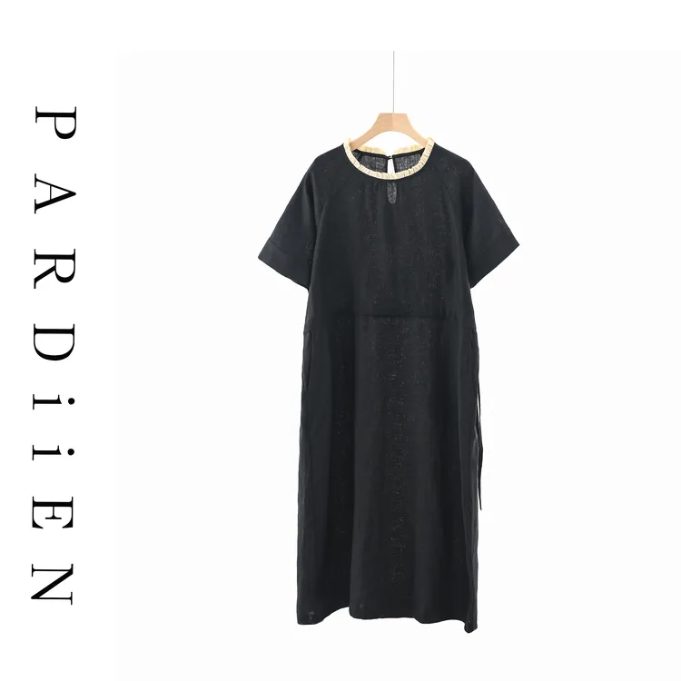 【北总严选】帕迪恩优雅气质抽绳收腰花边领亚麻连衣裙25-176