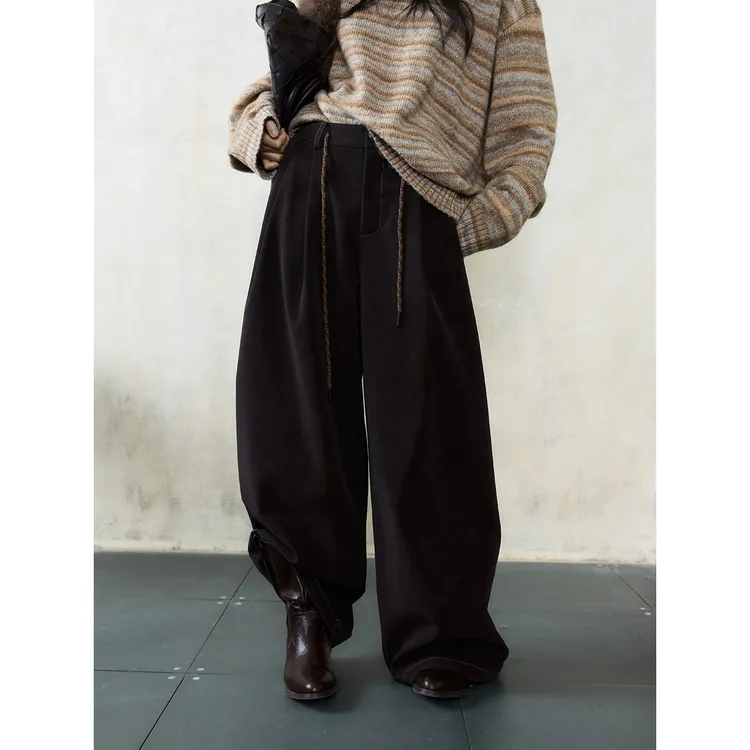 JCCC影子【可可棕】咖色哑光PU绒感抽绳直筒休闲裤JE4FCK11