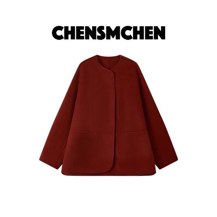CHENSMCHEN 绵羊毛红色毛呢外套女秋冬轻熟精致显瘦大衣CSD9144WL