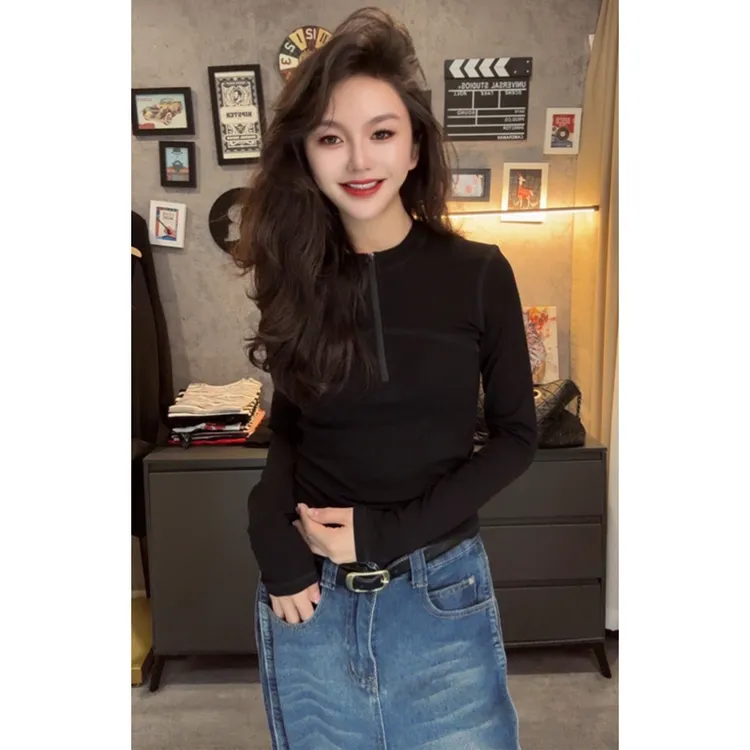 纯色正肩高弹力半拉链长袖棉T恤女修身显瘦透气舒适休闲上衣