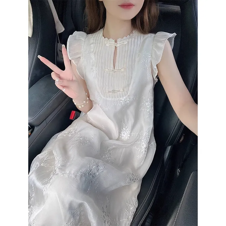 新中式重工提花刺绣连衣裙夏季新款温柔风气质小飞袖长裙女31608#