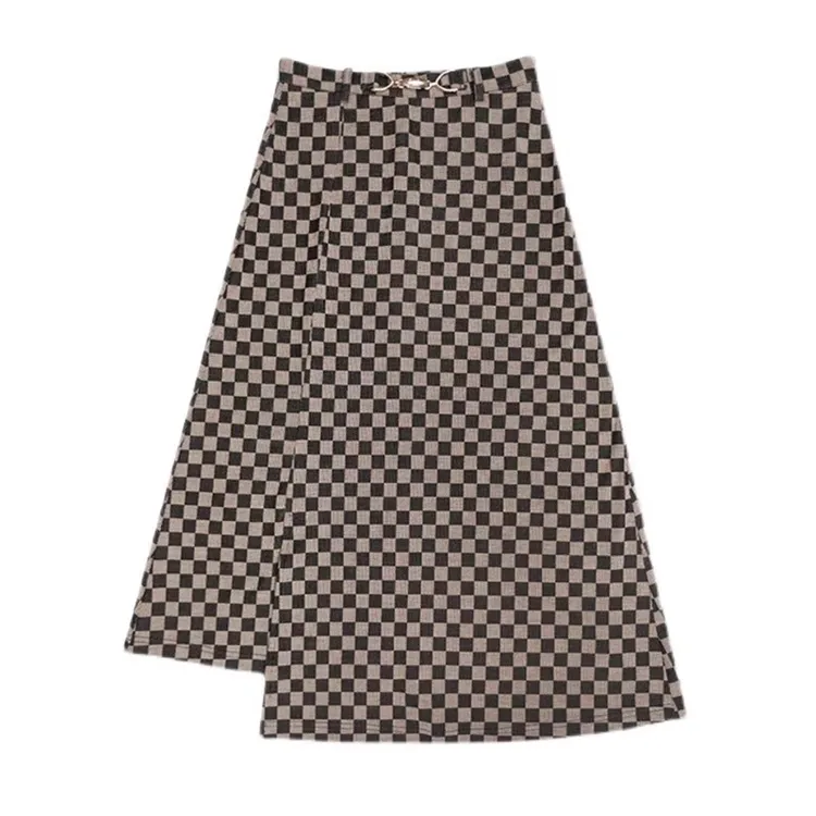 棋盘格半身裙女高腰显瘦开叉大码胖妹妹遮胯裙不规则中长款a字裙