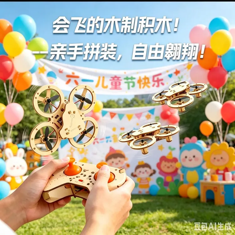 2026新款【六一礼物】木质拼装DIY四轴飞行器无人机模型亲子互动商品图