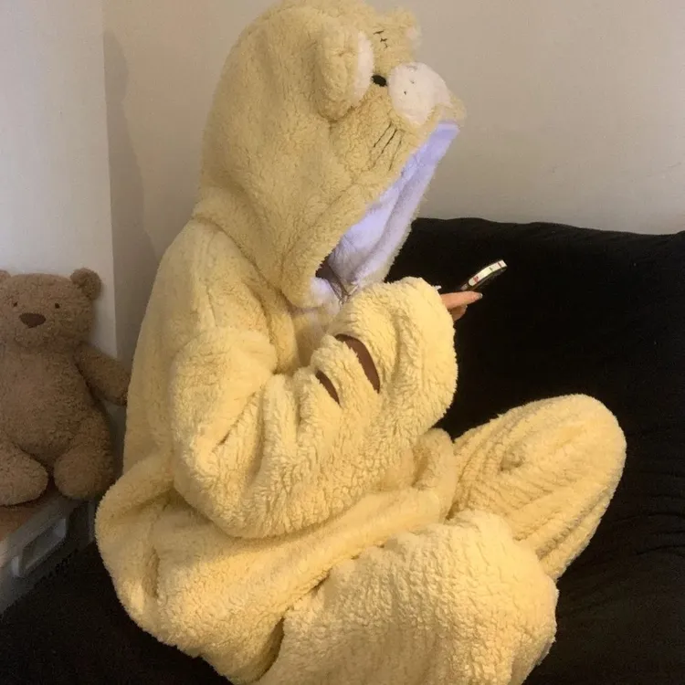 韩系甜美少女可爱风小脑虎卡通连帽珊瑚绒睡衣女可外穿家居服套装