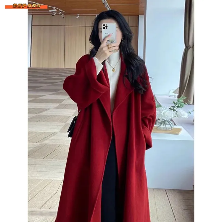 红色过年女装双面羊绒呢子大衣秋冬季20小个子红色双面羊绒大衣