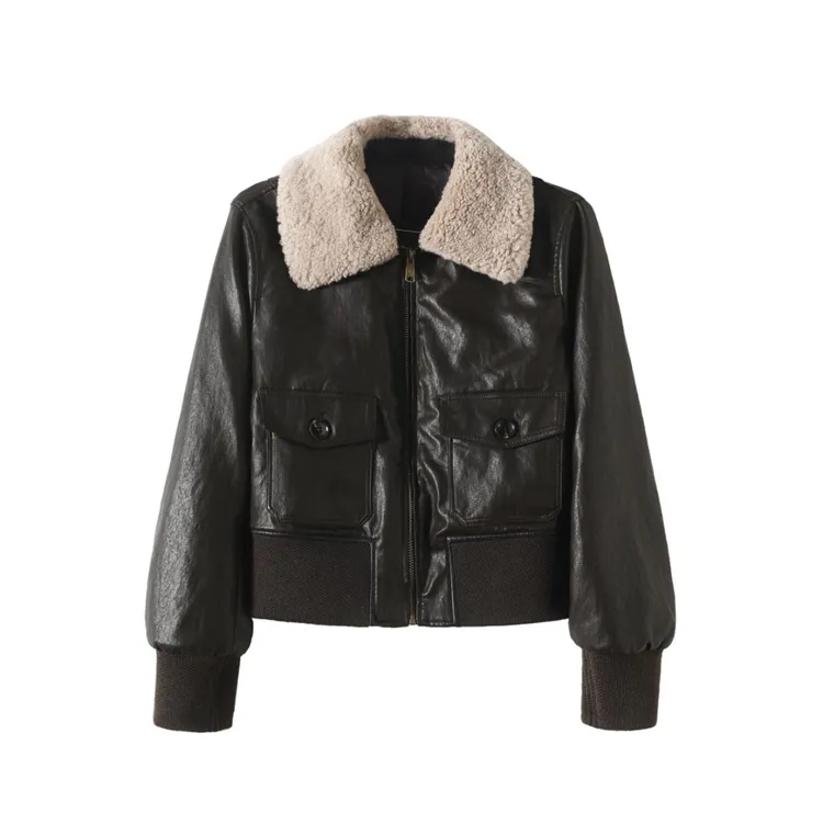 2025冬明星同款复古美式绵羊皮短款毛领皮衣外套HQ-HWX