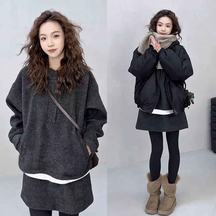今年流行穿搭一整套2025新款休闲连帽卫衣百搭棉服外套短裙三件套