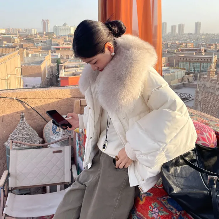 大头花狐狸毛保暖短款羽绒服显瘦加厚女冬季小个子新款面包服外套