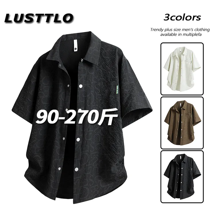 夏季薄款衬衫男士短袖百搭设计感泡泡格满印寸衫大码T恤翻领半袖