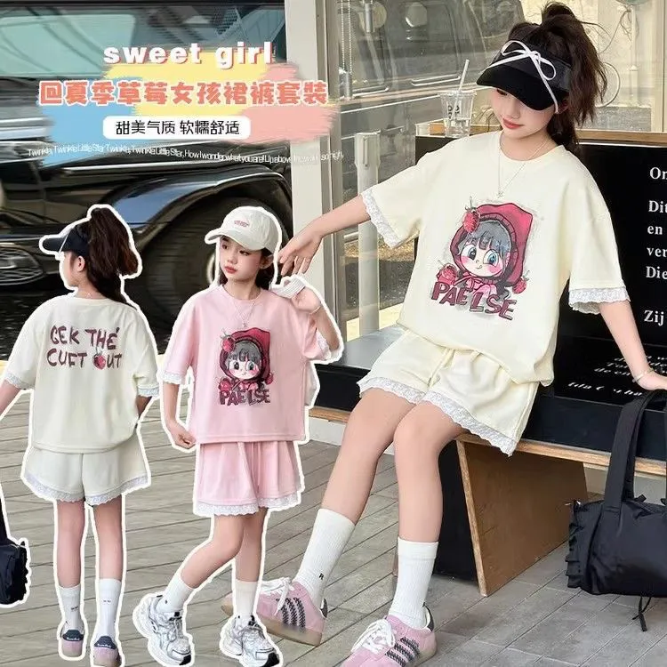 女夏季薄款休闲运动牛仔中裤套装夏装裙裤女童卡通洋气