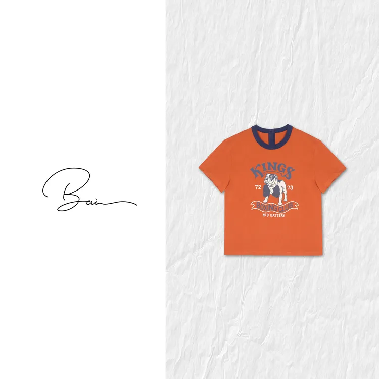 TXB “法斗”棉质水洗复古印花后纽扣设计百搭圆领T恤上衣XB-7695