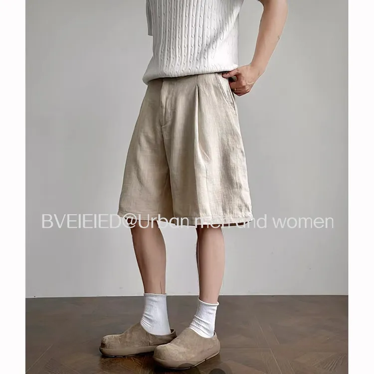 BVFEIED【谢尔比】老钱风夏季冰感仿亚麻短裤打褶混纺百搭男生高级