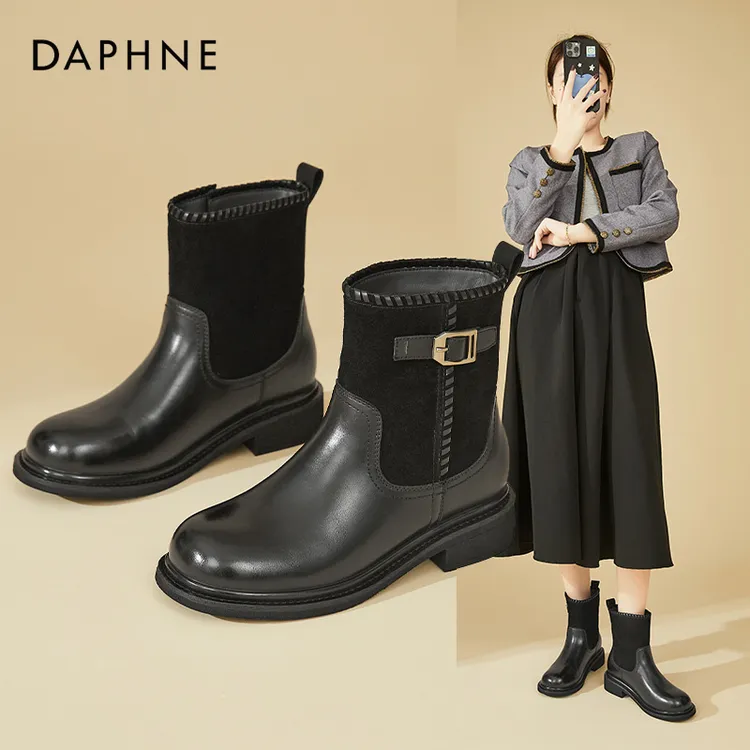 Daphne/达芙妮拼接百搭瘦瘦靴女粗跟配裙子时装靴气质时尚小短靴