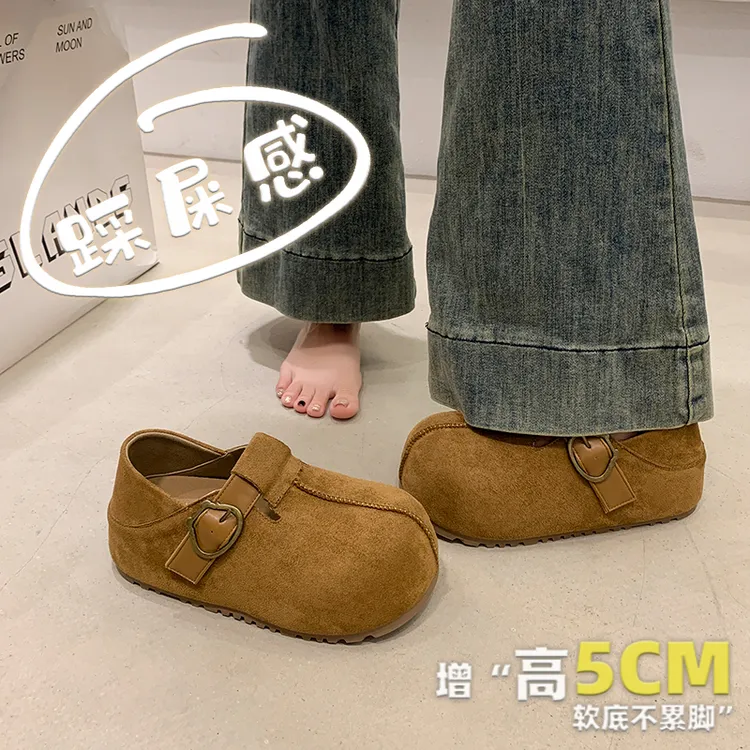 2025秋冬新款真皮勃肯鞋女厚底内增高加绒鞋子一脚蹬棉鞋百搭单鞋