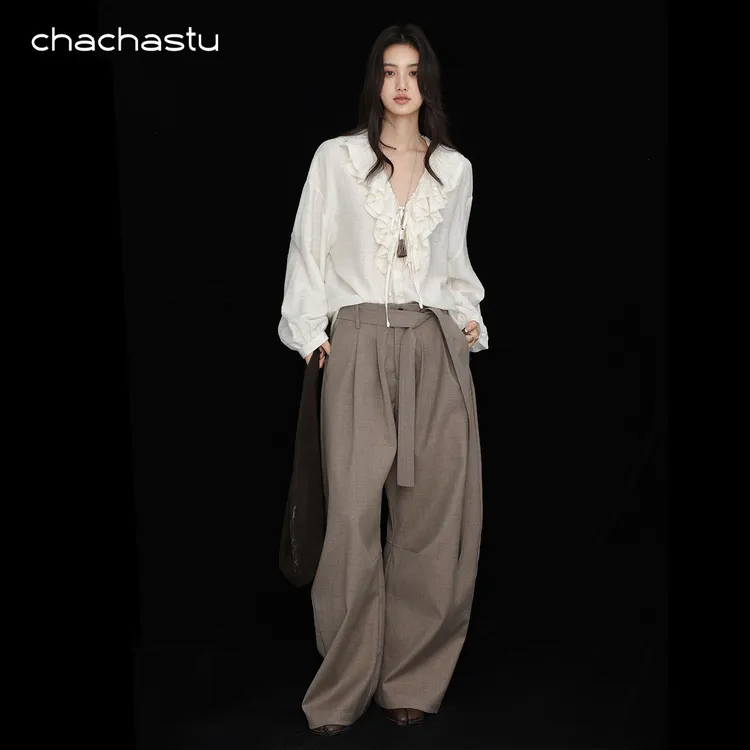 CHACHASTU【早秋】oversize自然撕边荷叶领经典显瘦杂色上衣ZRS1651