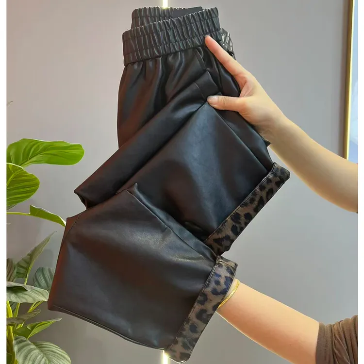 2025秋冬爆款安可拉红高腰显瘦PU皮裤宽松哈伦裤豹纹时尚九分裤潮