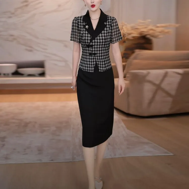 轻羽丝温婉大方衣服2025夏季新款时尚洋气质格纹假两件套连衣裙子