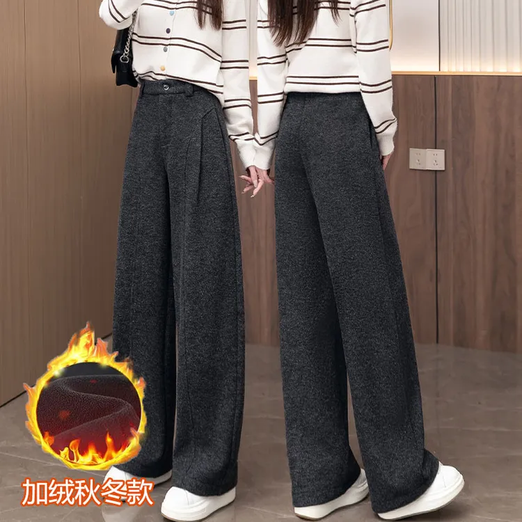 黑灰色加绒阔腿裤女设计感褶皱高级感显瘦弯刀裤2025新款休闲裤子