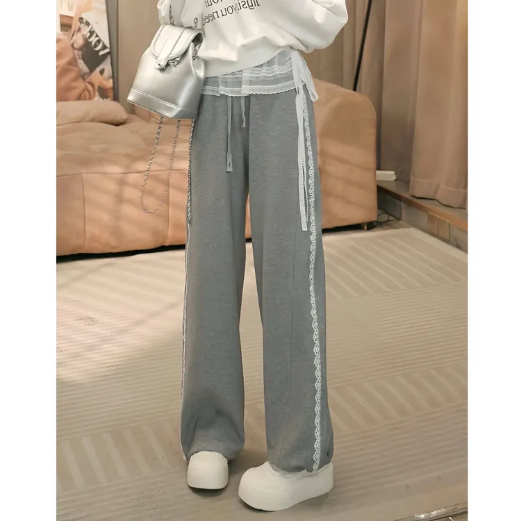 设计感拼接蕾丝花边休闲卫裤女春季宽松高腰显瘦百搭直筒阔腿裤子