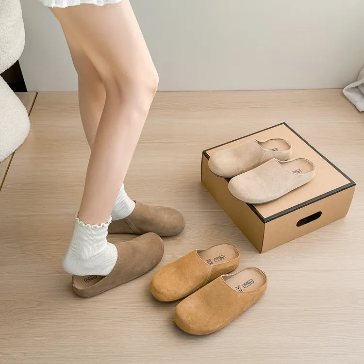 防水真皮勃肯鞋慵懒row~复古风厚底懒人包头半拖女勃肯拖鞋