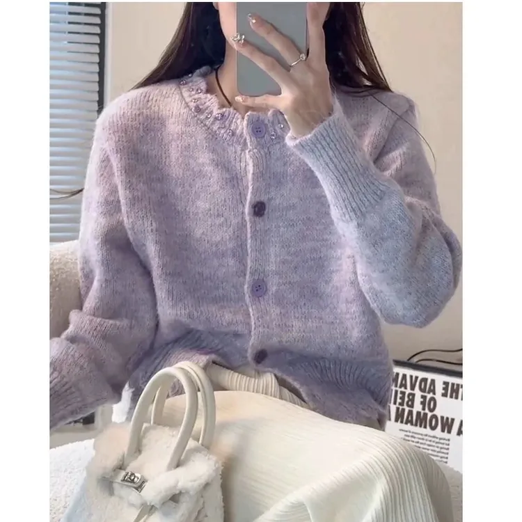 韩系温柔短款毛衣开衫外套女春装马海毛针织衫独特别致紫色上衣