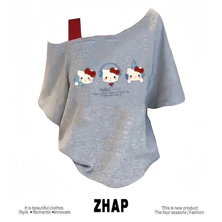 【ZHAP】新款单肩露肩吊带宽松短袖t恤女浅灰色吊带夏季外穿kitty猫