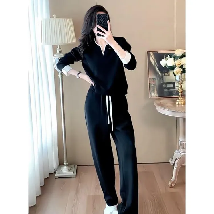 休闲风运动套装女2025春秋季纯棉新款韩版V领宽松卫衣时尚两件套