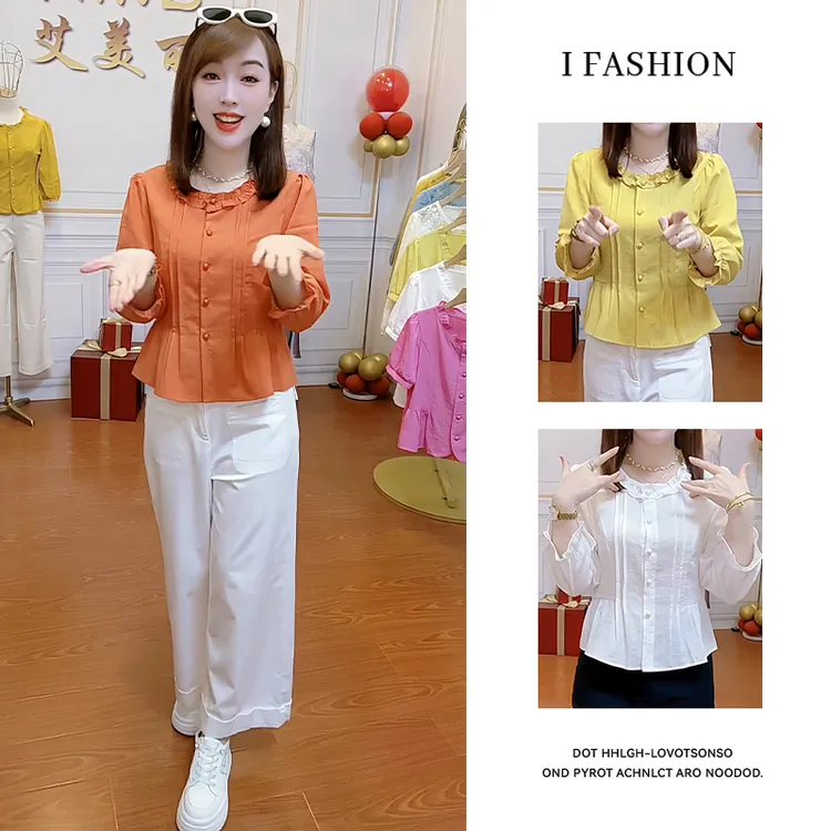 法式木耳花边领小衫女2025早秋新款甜美时尚遮肚显瘦短款气质衬衫