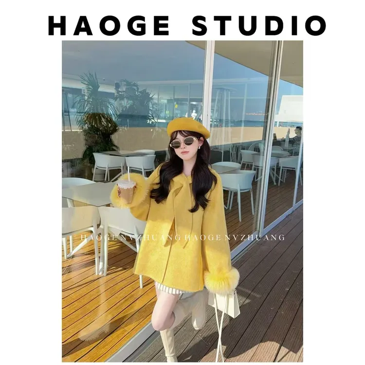 大耳朵兔HGQ5DY4218A羊毛桑蚕丝混纺大衣预（不可机洗）