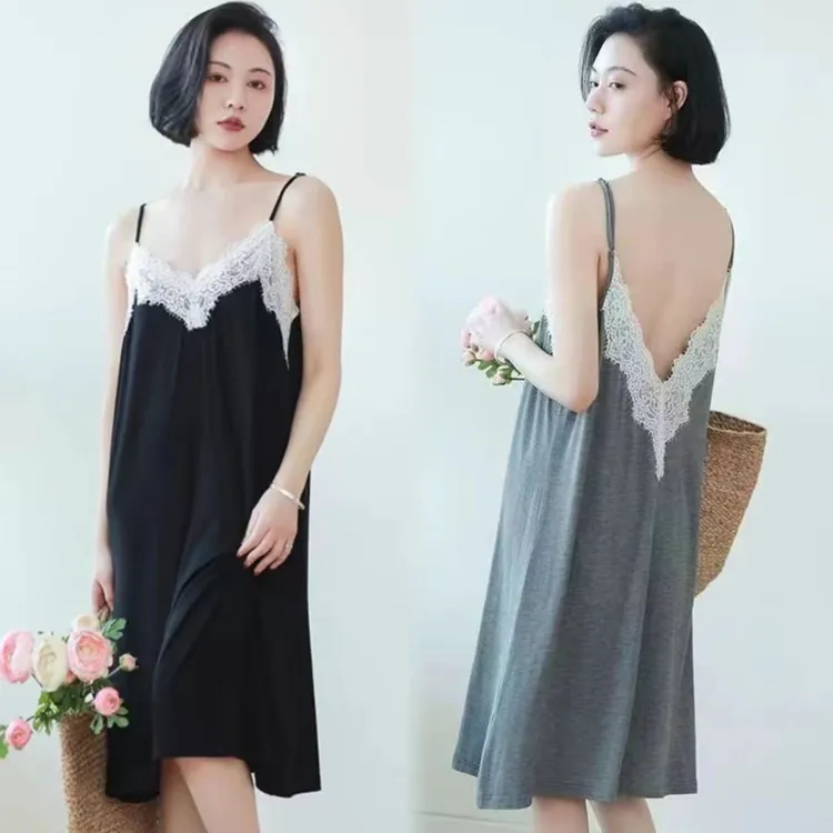 吊带睡裙夏季女款黑色蕾丝薄款时尚睡衣宽松莫代尔纯欲风家居服