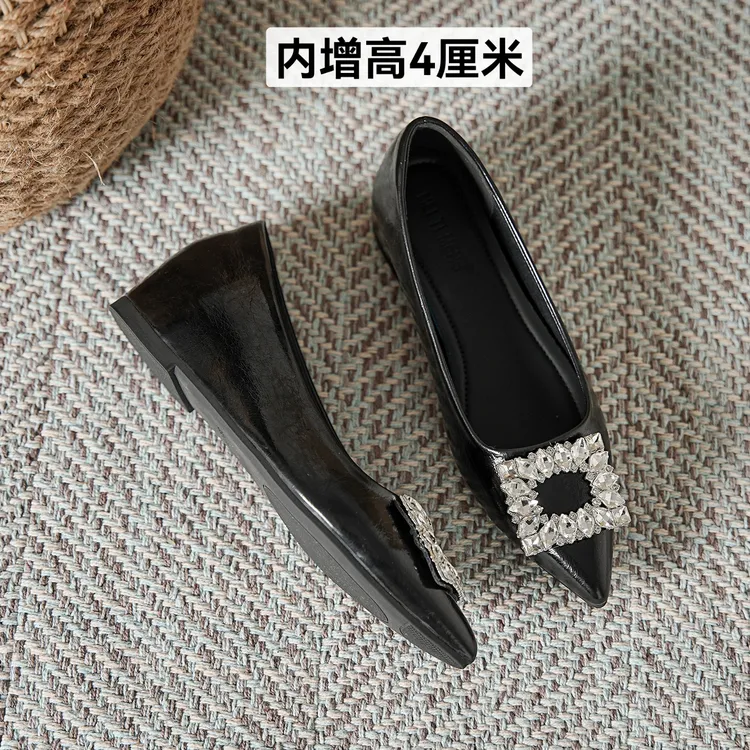 新款内增高浅口法式尖头黑色单鞋软底百搭时尚低跟单鞋
