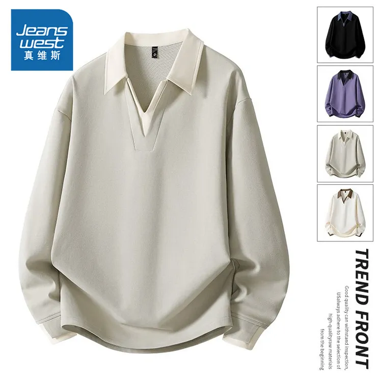 真维斯男士新款时尚潮流百搭假两件POLO衫休闲百搭长袖舒适上衣服