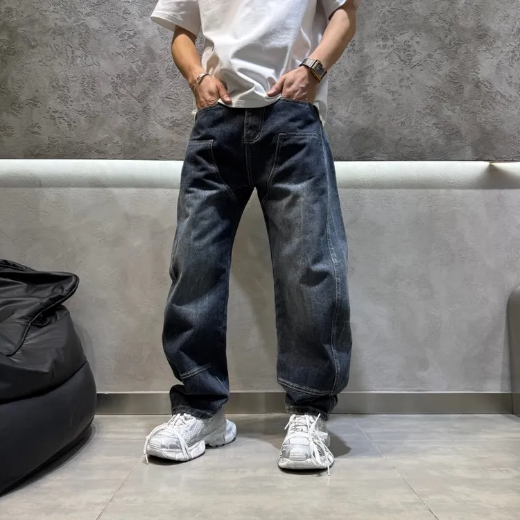 2025山海原创秋冬水洗立体剪裁弯刀裤中腰休闲风拉链男士牛仔长裤