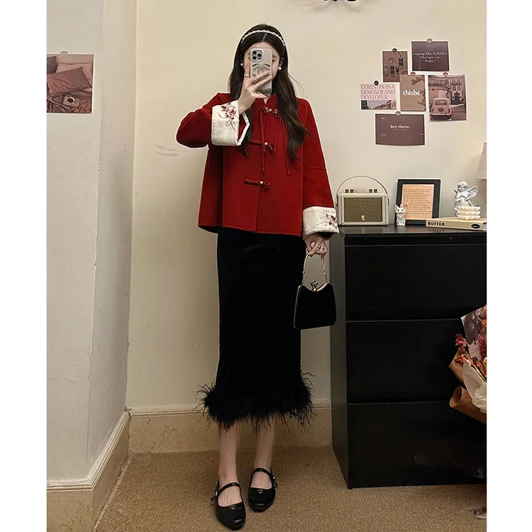 2025秋季大码女装新款时尚新中式盘扣毛呢外套显瘦半身裙两件套