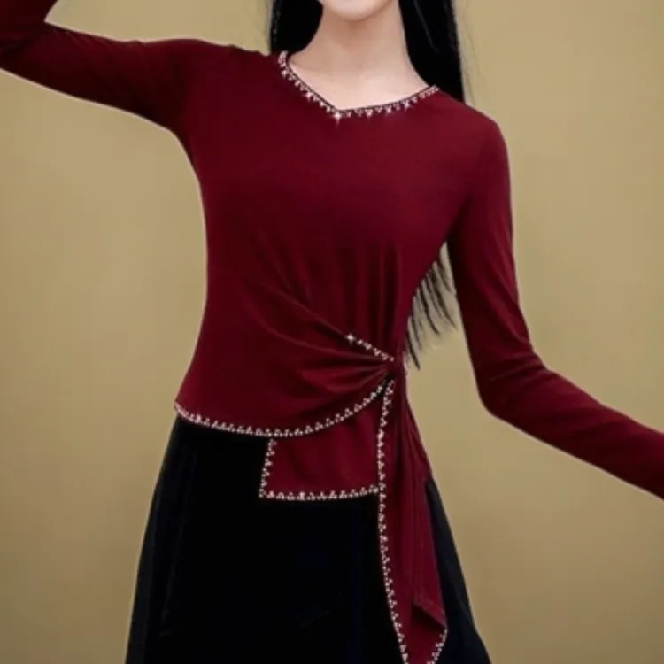 跳舞上衣新款水晶麻修身型轻熟风夏季网红春夏蕾丝遮肚洋气长袖