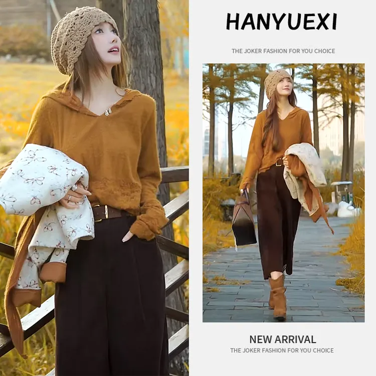 【现货】流行穿搭一整套2025新款复古连帽打底针织衫阔腿裤两件套潮