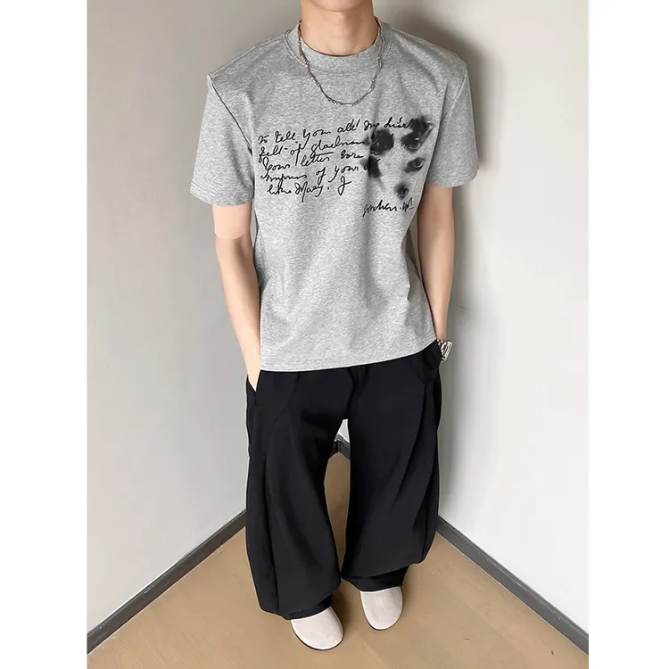 美式复古花灰色t恤男纯棉重磅欧美高街短袖小领口cleanfit半截袖