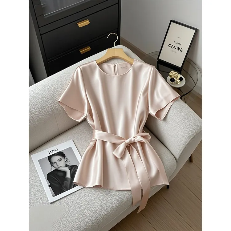 粉色缎面圆领交叉绑带短袖衬衫女装夏季新款小众薄款显瘦小衫上衣