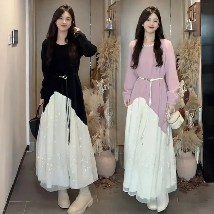 高级感气质拼接黑色连衣裙女2025年春秋新款显瘦长裙长袖通勤时尚