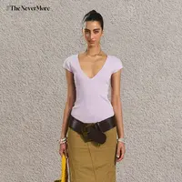 TheNeverMore紫色深V针织收腰T恤女辣妹显瘦短袖休闲上衣