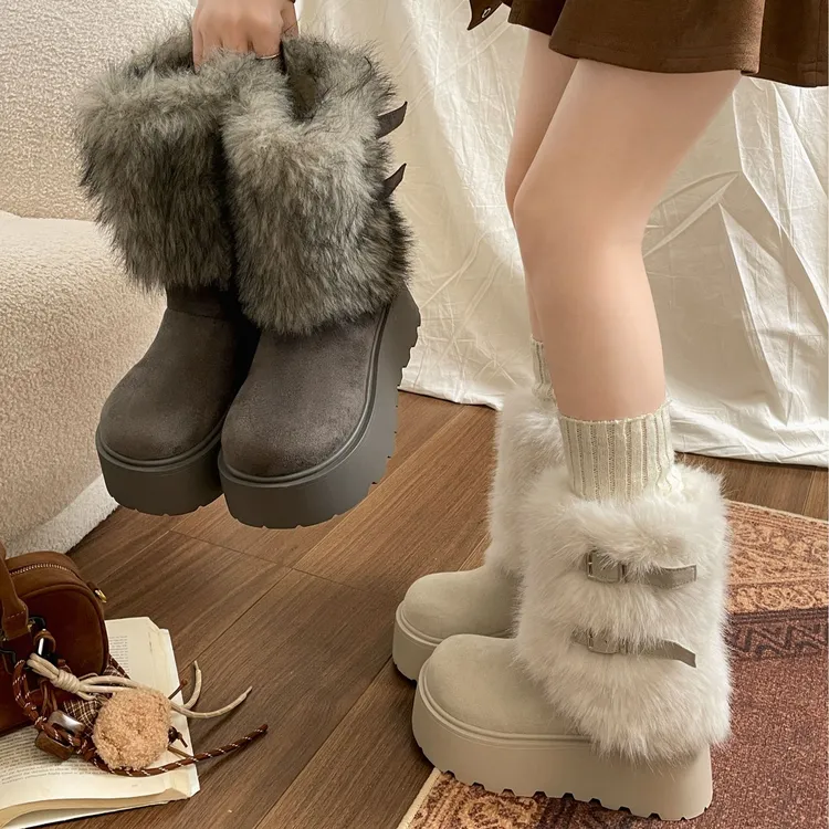 复古百搭加绒保暖毛毛厚底雪地靴女款2025新款冬增高加厚勃肯棉鞋
