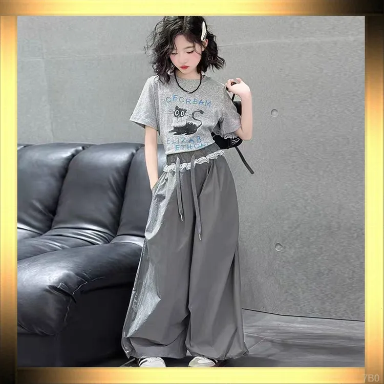 女童工装裤套装夏装2025新款洋气儿童女大童短袖阔腿裤两件套爆款