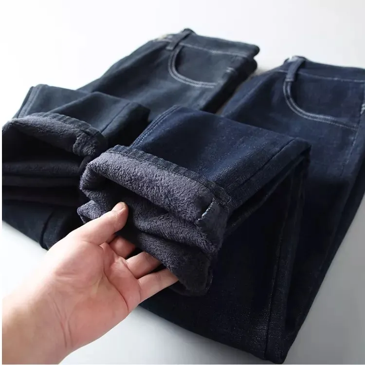 加绒加厚保暖冷冬直筒高腰深裆男士牛仔中年长裤加大宽松男裤弹力