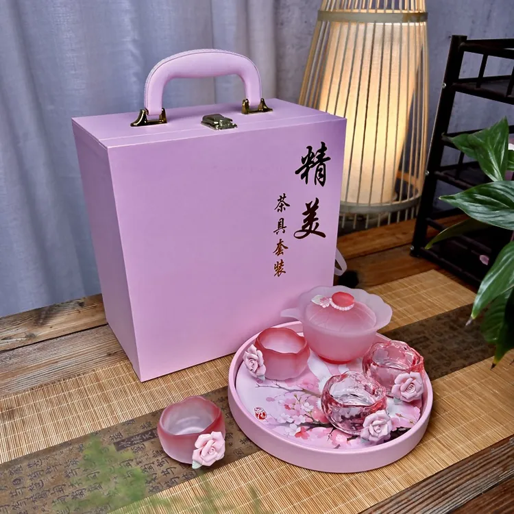 粉色捏花功夫茶具套装高档礼盒装送礼佳品闺蜜朋友玻璃茶具伴手礼