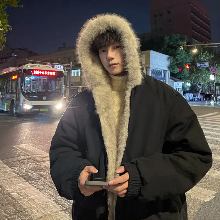 cleanfit座山雕毛领棉衣男秋冬季美式高级感夹克加绒加厚连帽外套