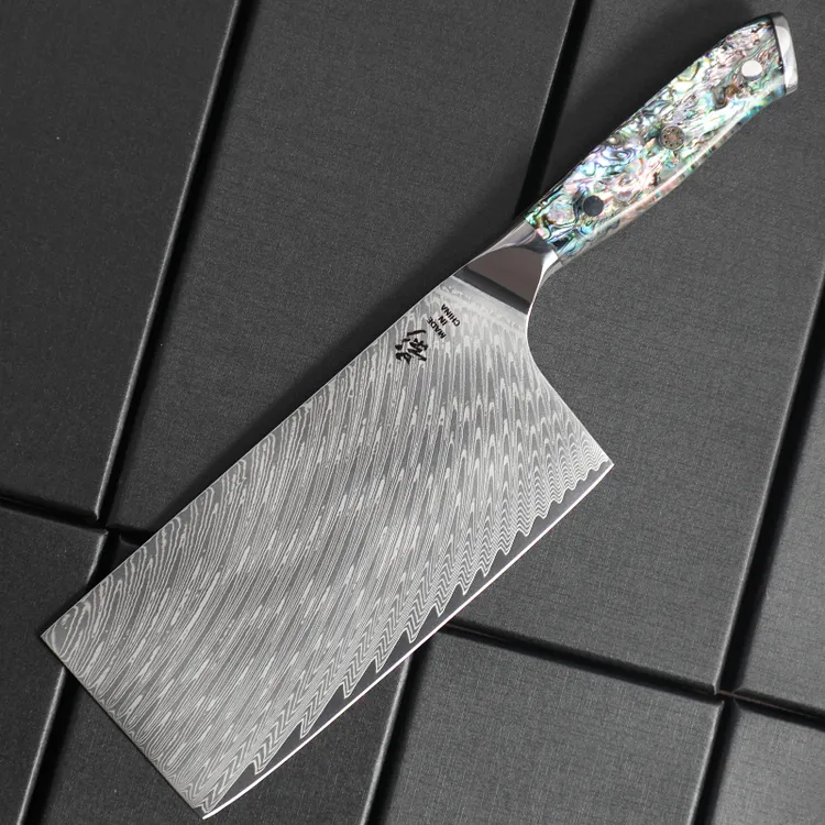 大马士革羽毛纹中式切片菜刀家用切肉鲍鱼壳手柄10CR15MOV
